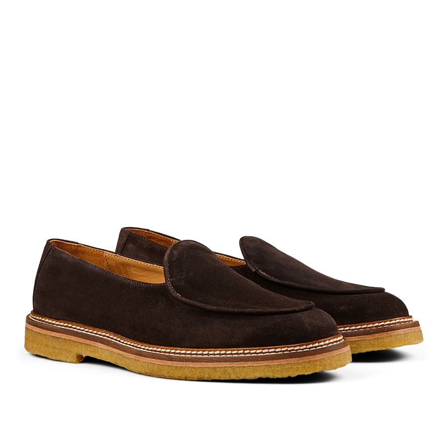 A pair of dark brown suede leather Alexis loafers from Jacques Soloviére Paris, with a modern silhouette, featuring light stitching and crepe soles.