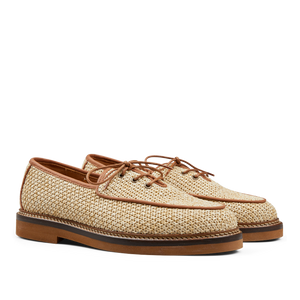 A pair of Natural Beige Raffia Luco Derbies from Jacques Soloviére Paris, perfect for summer.