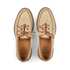 A pair of new Natural Beige Raffia Luco Derbies with brown soles and laces, designed by Jacques Soloviere Paris in Italy, displayed symmetrically on a black background.