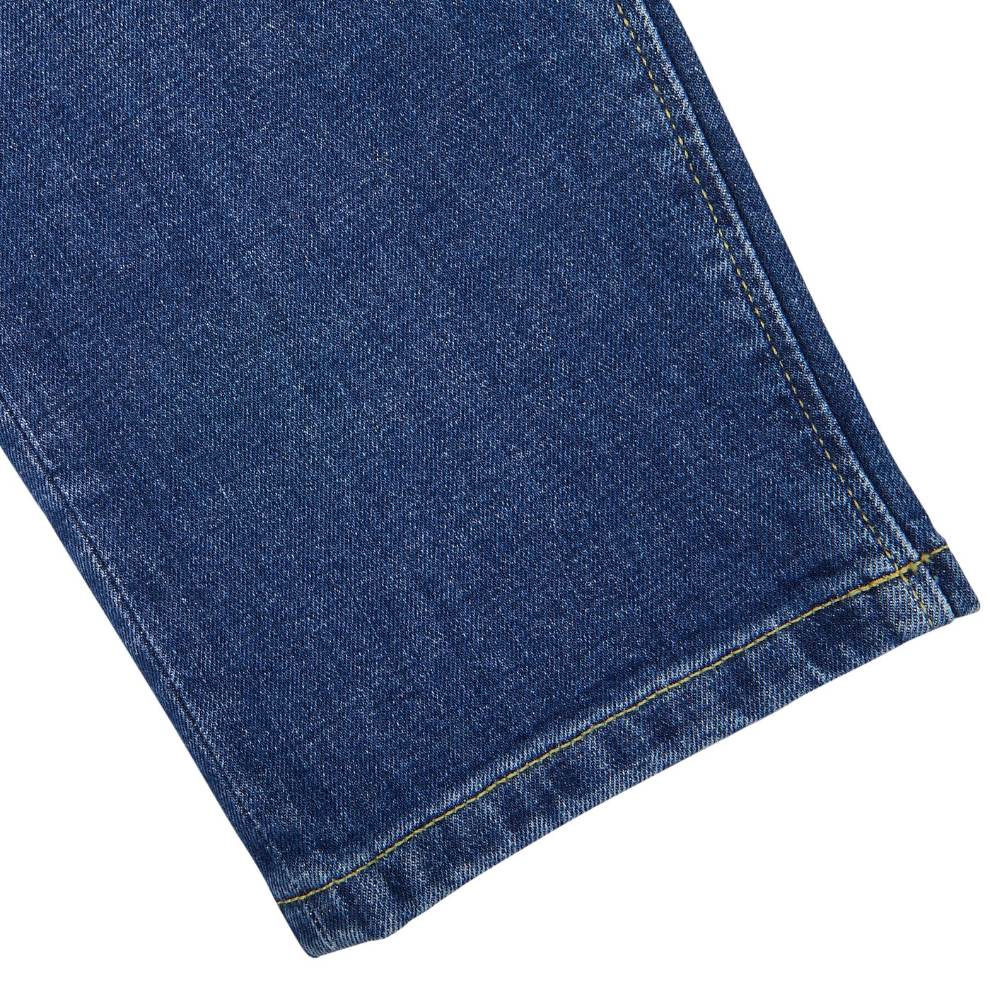 Blue organic denim fabric with yellow stitching on a white background, featuring the Medium Blue Washed Cotton TM005 Jeans by Jeanerica.