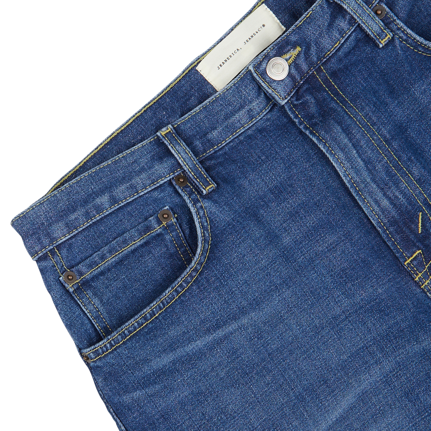 Close-up of Jeanerica's Medium Blue Washed Cotton TM005 Jeans with a focus on the front pocket and waistband.