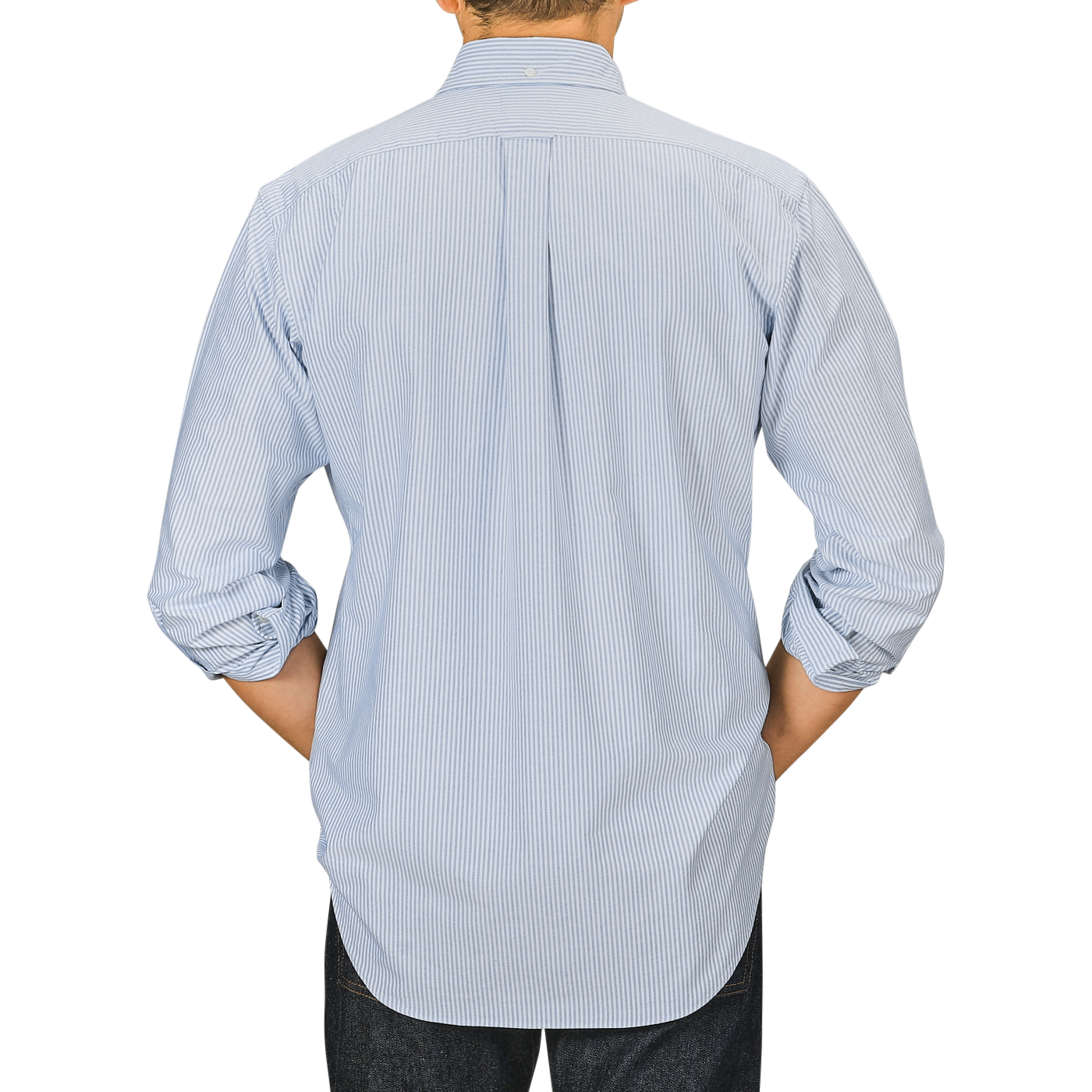 Person wearing a light blue, long-sleeved Kamakura Shirts' Blue Striped Washed Cotton Oxford BD Shirt, seen from the back facing a neutral background.