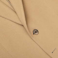 Close-up of the Camel Beige Brushed Wool Slim Blazer by L.B.M. 1911, crafted from pure virgin wool and featuring a button and lapel.