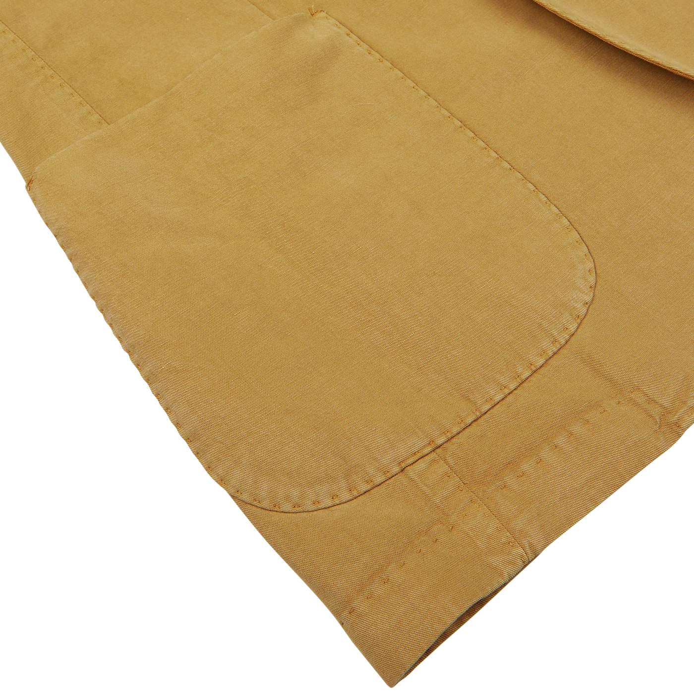 Close-up of a dark beige washed cotton-linen L.B.M. 1911 blazer fabric with visible stitching and pocket detail.