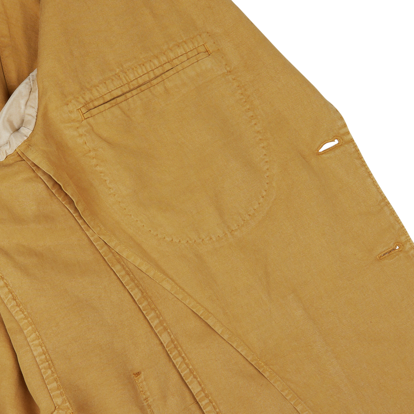 Close-up of a dark beige washed cotton linen L.B.M. 1911 blazer showing pocket detail and stitching.