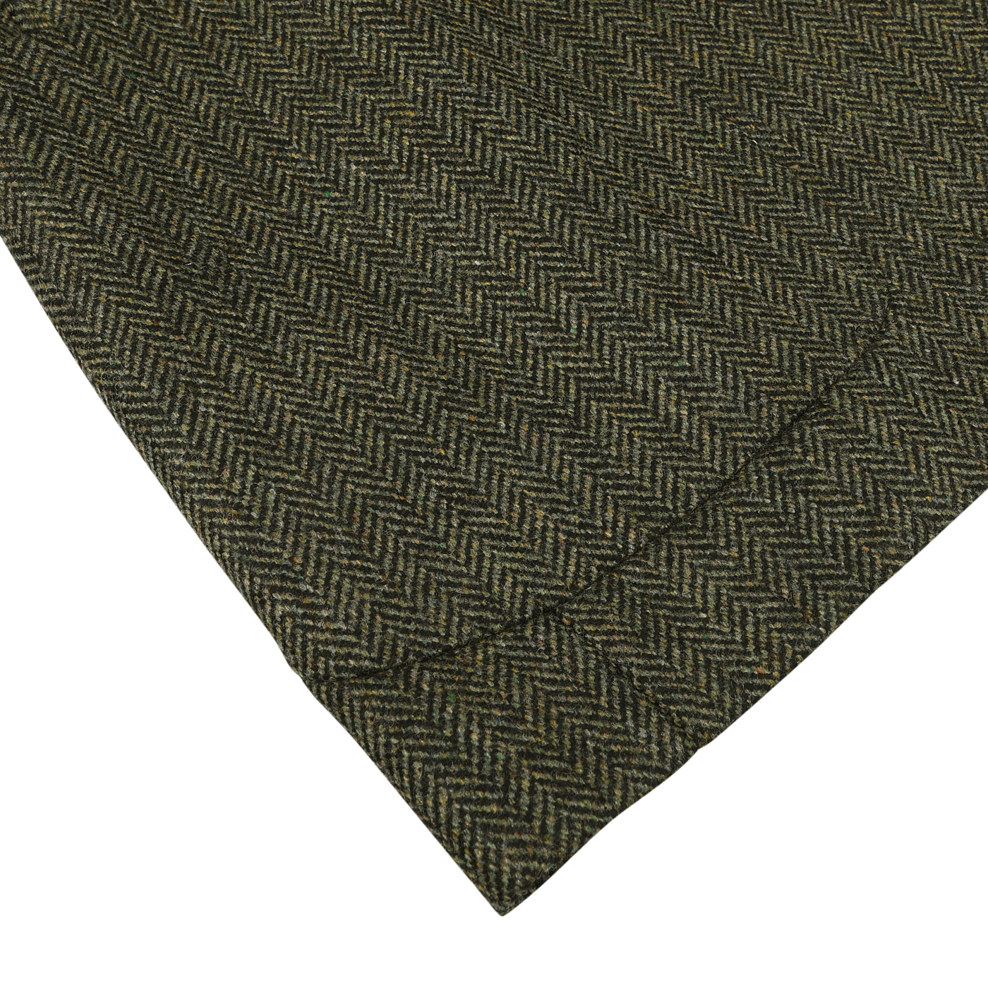 Close-up of a grey herringbone tweed fabric, showcasing the intricate woven pattern and texture against a plain white background, ideal for crafting an L.B.M. 1911 Dark Green Wool Cashmere Herringbone Blazer.