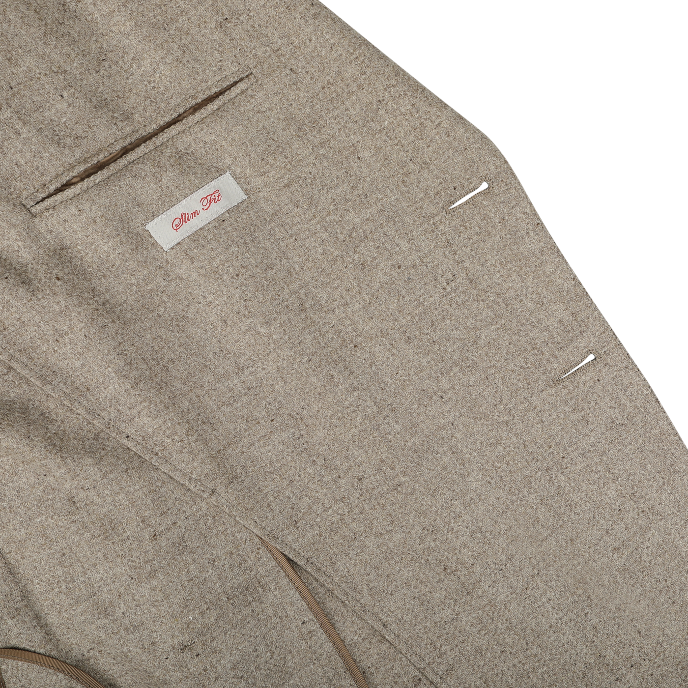 Close-up of the Oatmel Beige Shetland Wool Cashmere Blazer by L.B.M. 1911, showcasing its slim fit tailoring with a pocket, label, and buttonholes.