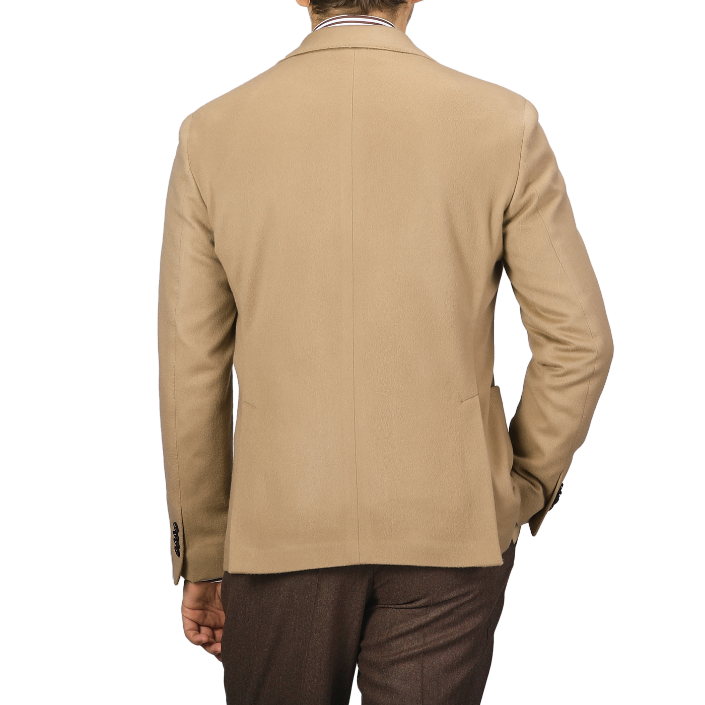 The back view shows an individual wearing the Camel Beige Brushed Wool Slim Blazer by L.B.M. 1911, paired with brown pants, against a gray background.