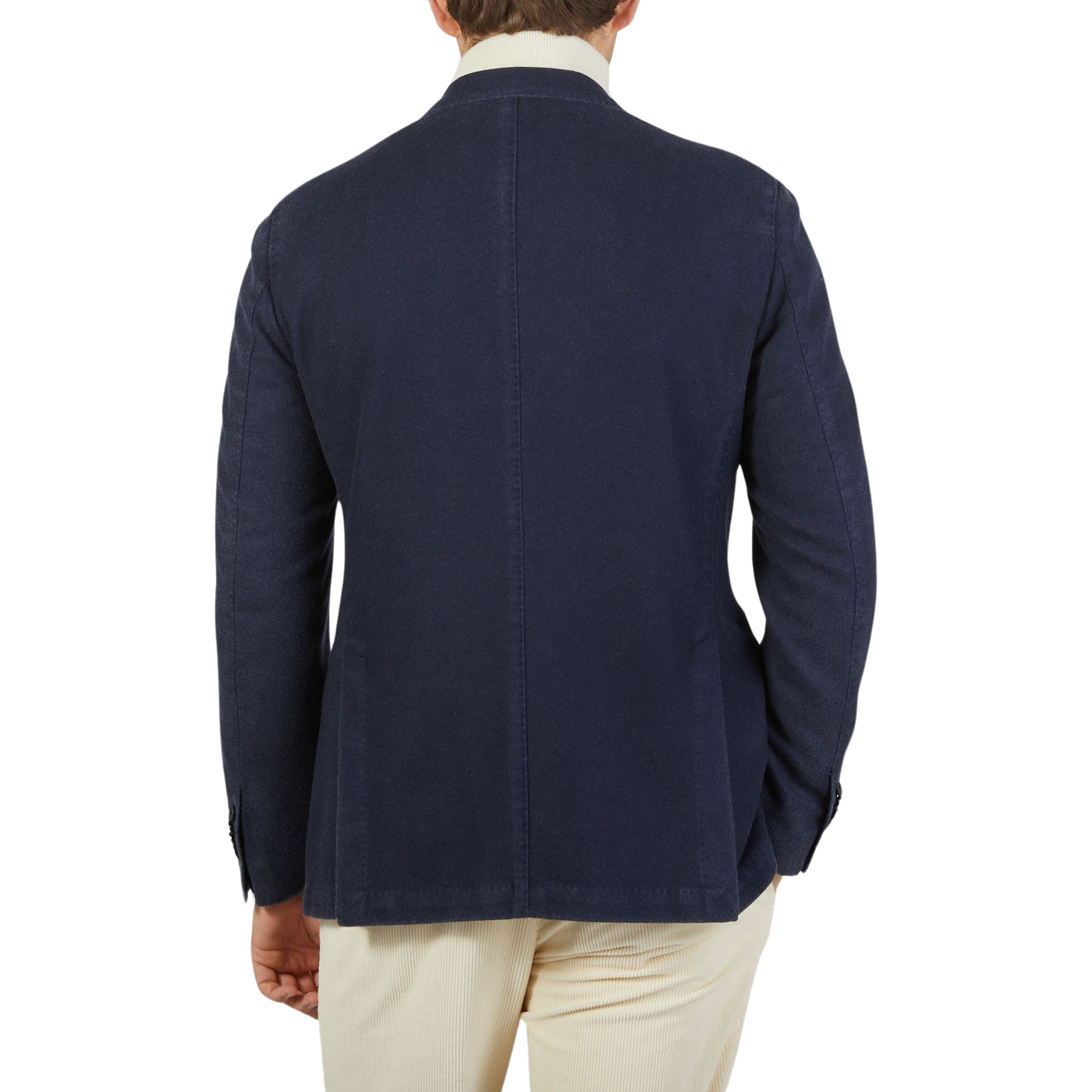 The back view of a man wearing an L.B.M. 1911 Dark Blue Washed Wool Cashmere Blazer.