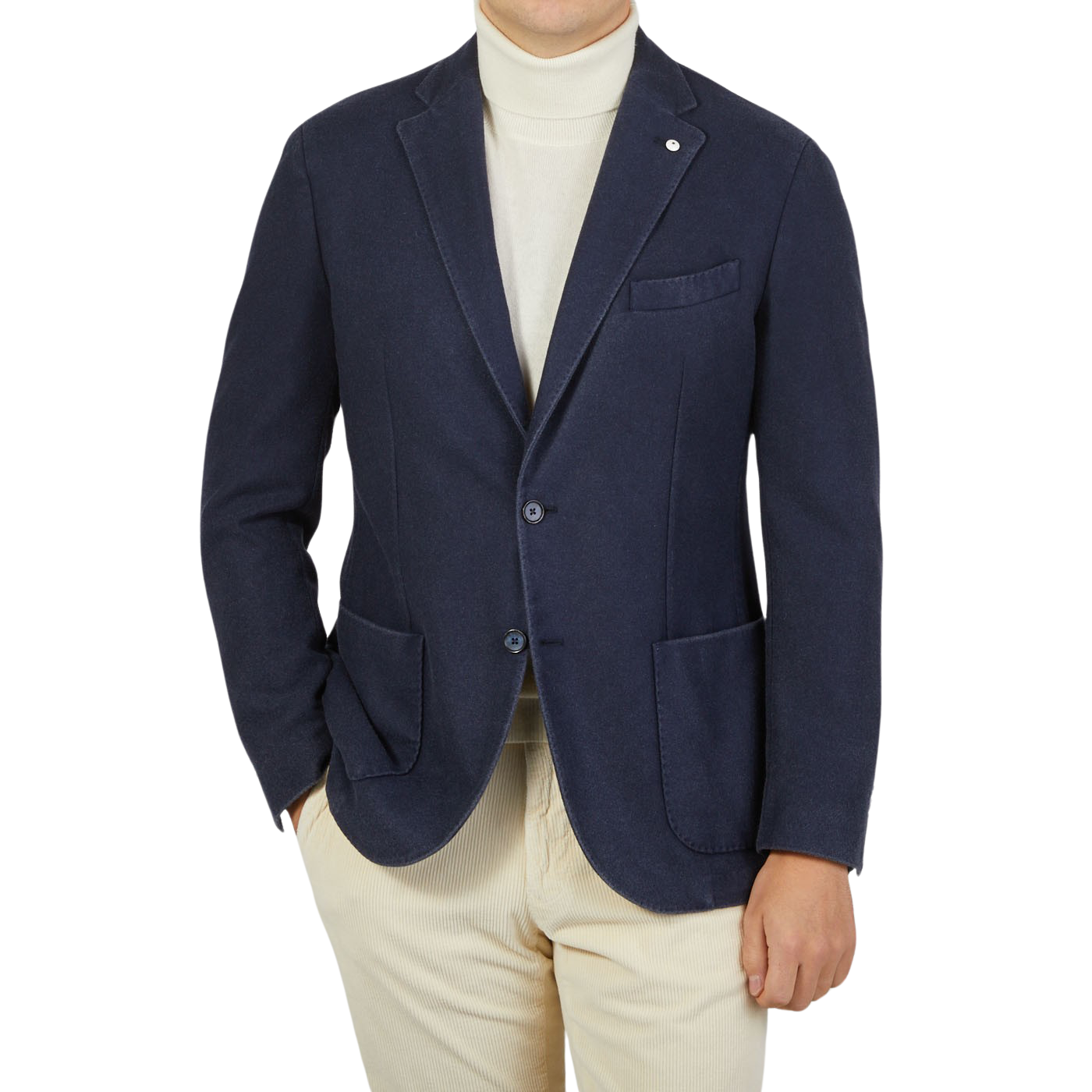 A man wearing a Dark Blue Washed Wool Cashmere Blazer from L.B.M. 1911, inspired by Italian fashion trends.