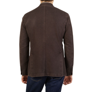 The back view of a man wearing a L.B.M. 1911 Dark Brown Washed Wool Flannel Blazer.