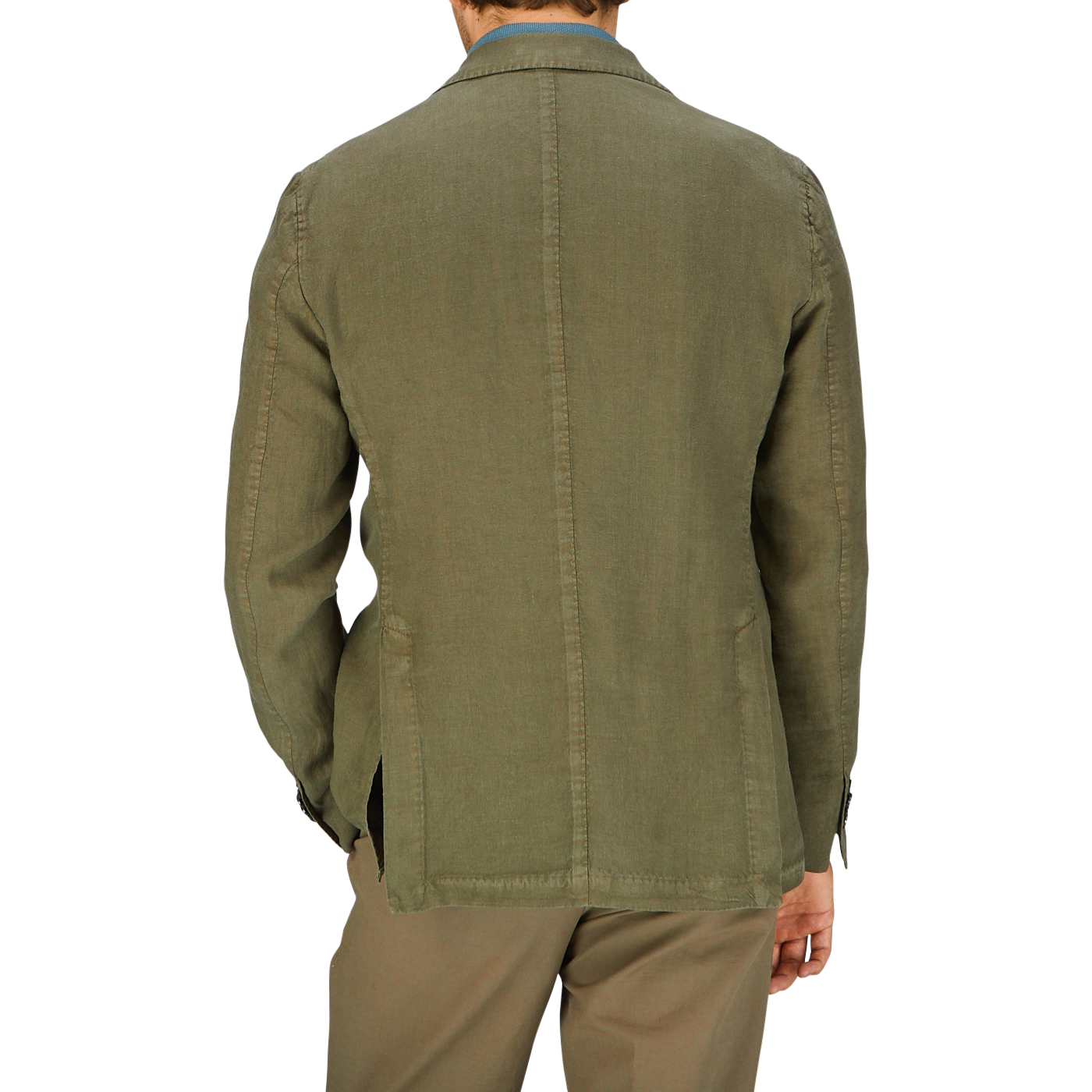 Man wearing a Grass Green Washed Linen Blazer by L.B.M. 1911 seen from the back, crafted in Italy.