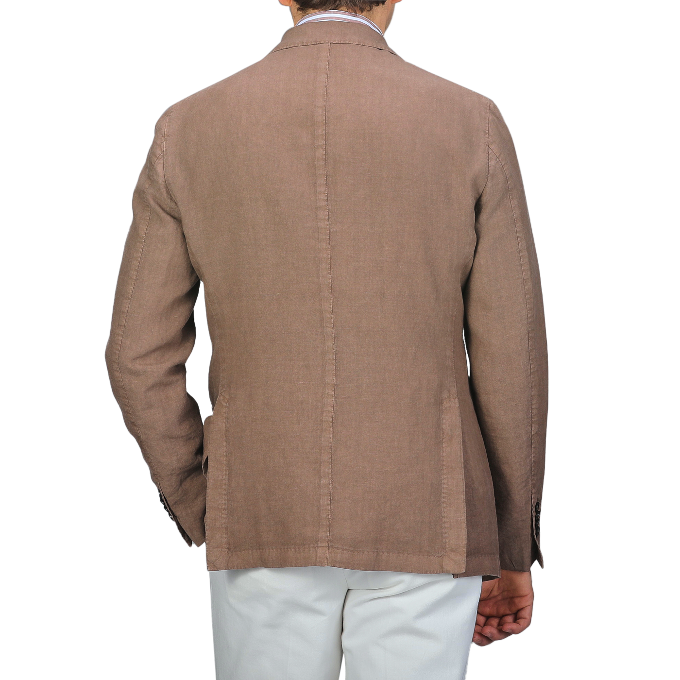 A person is seen from the back wearing a slim fit L.B.M. 1911 Light Brown Washed Linen Blazer with white pants against a plain background.