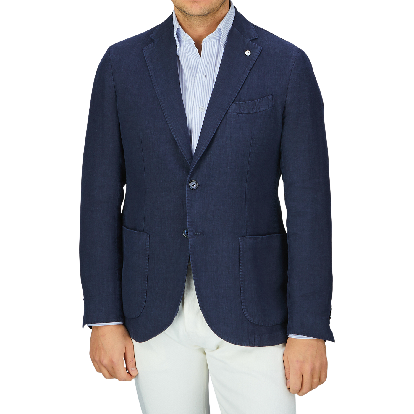 Man wearing a L.B.M. 1911 Navy Blue Washed Linen Blazer and white pants.