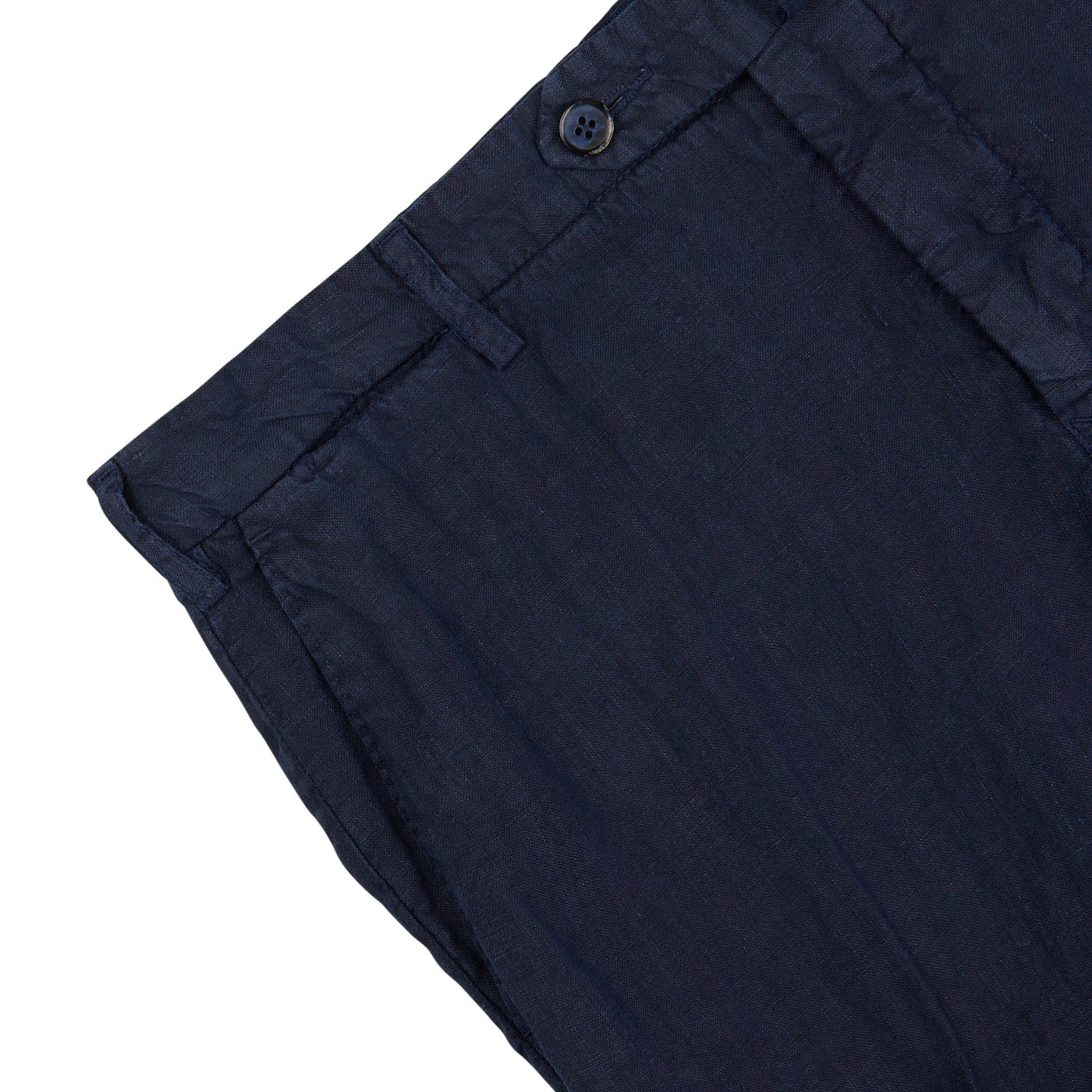 Close-up of an L.B.M. 1911 navy blue washed linen suit with a detailed view of the waistband and a single button closure, made in Italy.