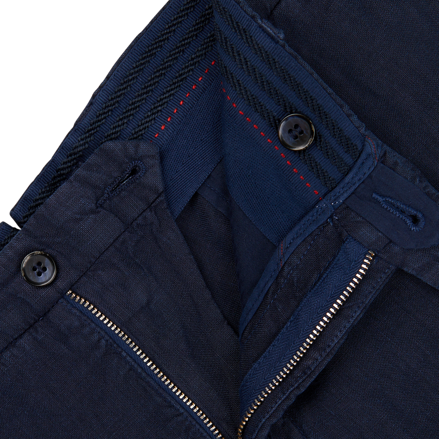 Close-up of a L.B.M. 1911 navy blue washed linen suit with a zipper and buttons, featuring red stitch detailing on the inner seam.