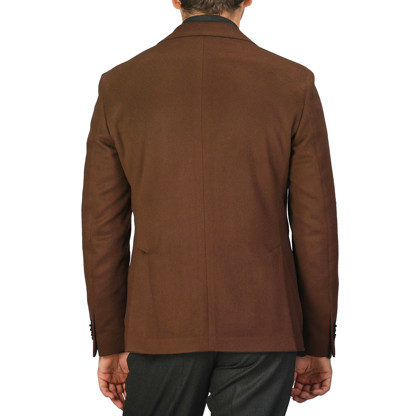 A man is seen from the back, wearing an L.B.M. 1911 Tobacco Brown Brushed Wool Slim Blazer paired with dark pants.