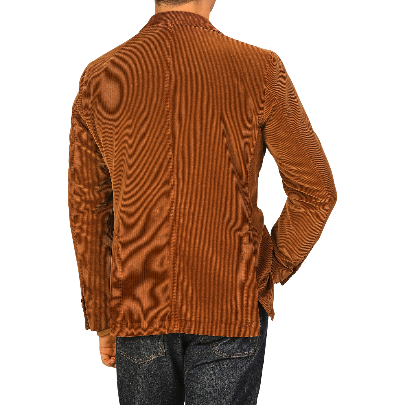 A person wearing an L.B.M. 1911 Cinnamon Brown Cotton Corduroy Blazer with blue jeans is shown from the back.