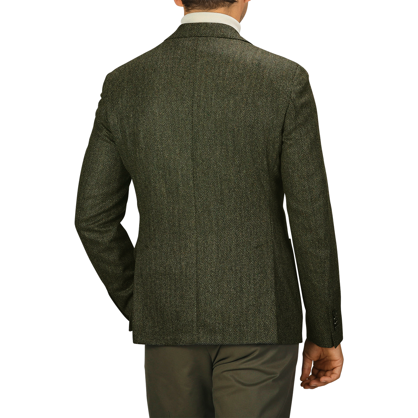 A man is shown from the back wearing an L.B.M. 1911 Dark Green Wool Cashmere Herringbone Blazer, in a slim fit, paired with khaki pants.