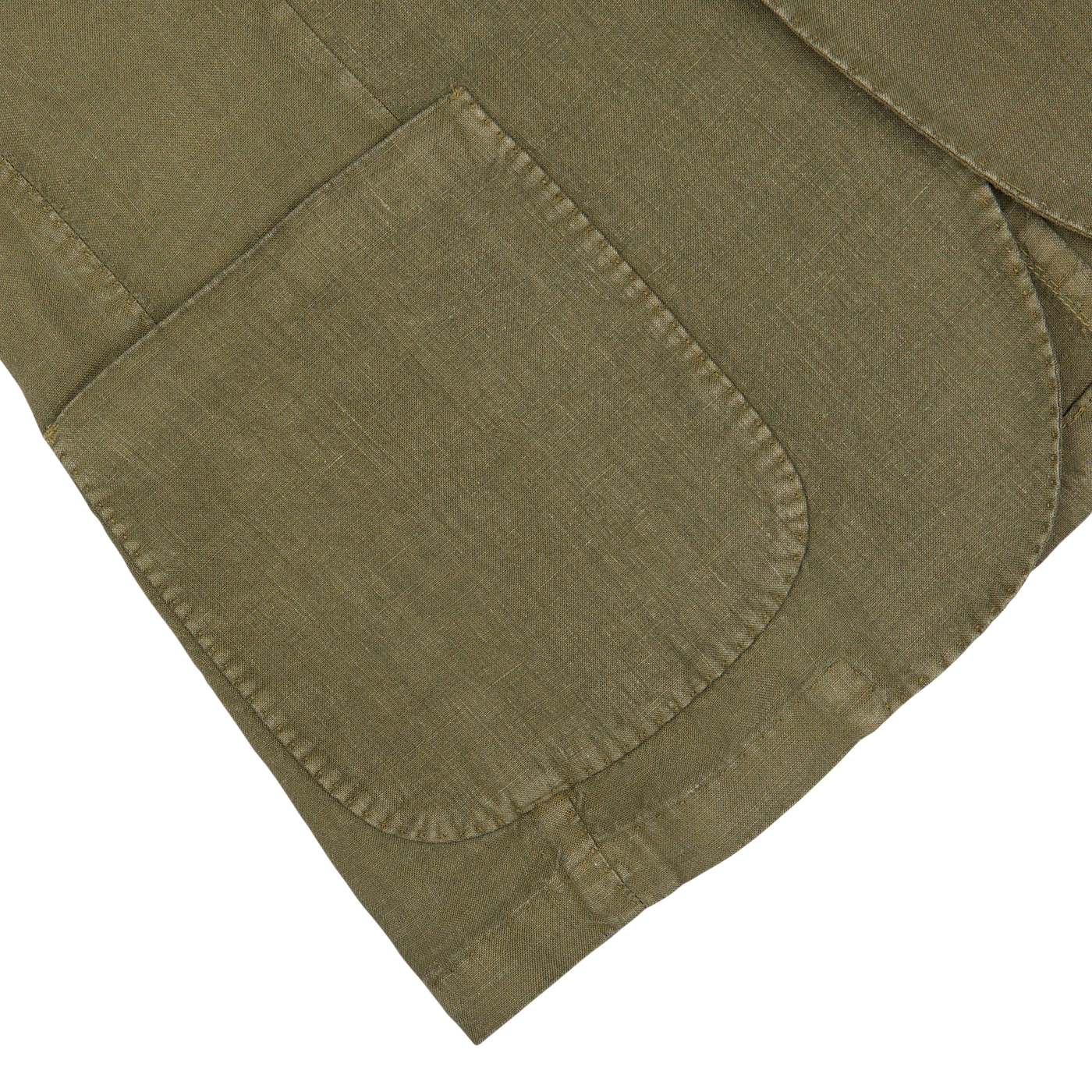 Close-up of a Grass Green Washed Linen Blazer with a blazer pocket detail on a white background by L.B.M. 1911.
