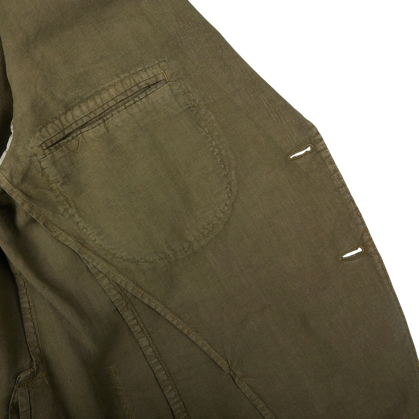 Close-up of the pocket and stitching detail on a L.B.M. 1911 Grass Green Washed Linen Blazer.