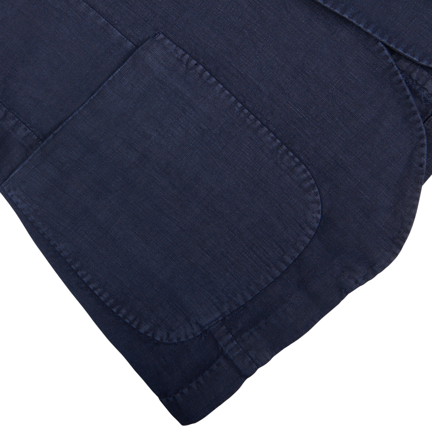 Close-up of a Navy Blue Washed Linen Blazer from L.B.M. 1911 with quilted stitching and a pocket detail, tailored for a blazer.