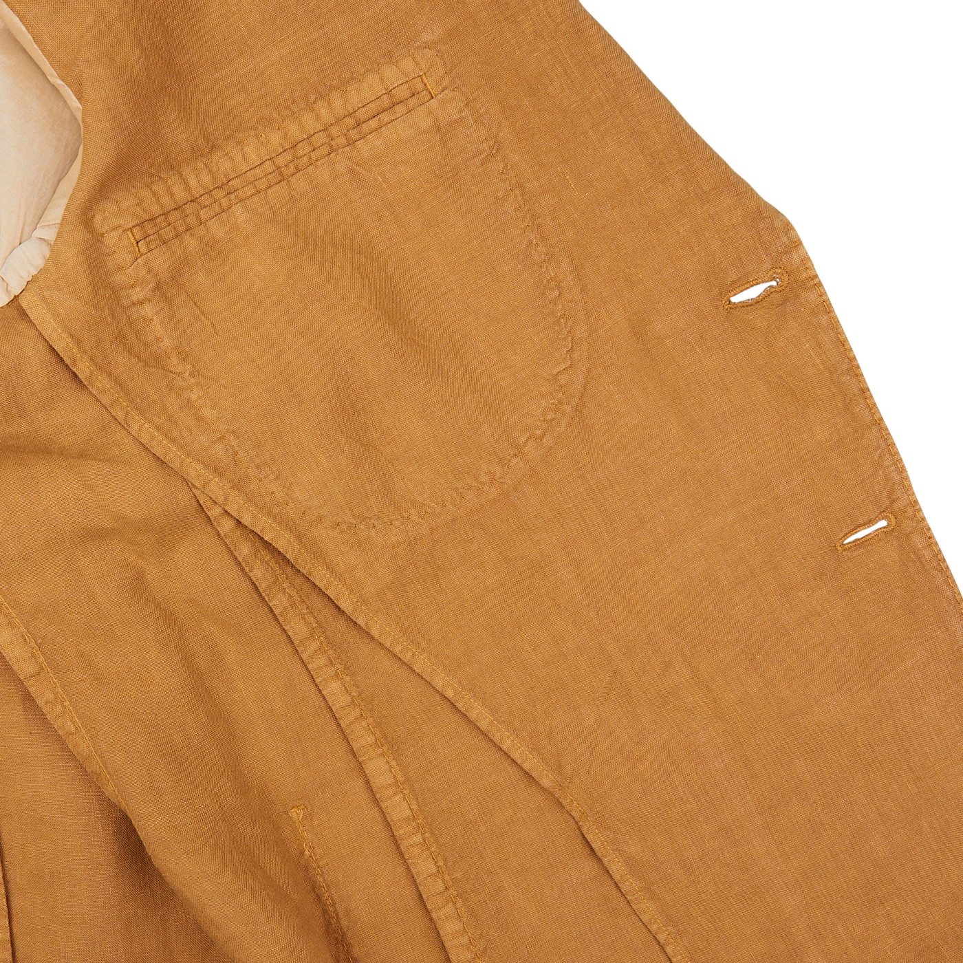 Close-up of a L.B.M. 1911 Tobacco Brown Washed Linen Blazer with visible pocket and stitch details.