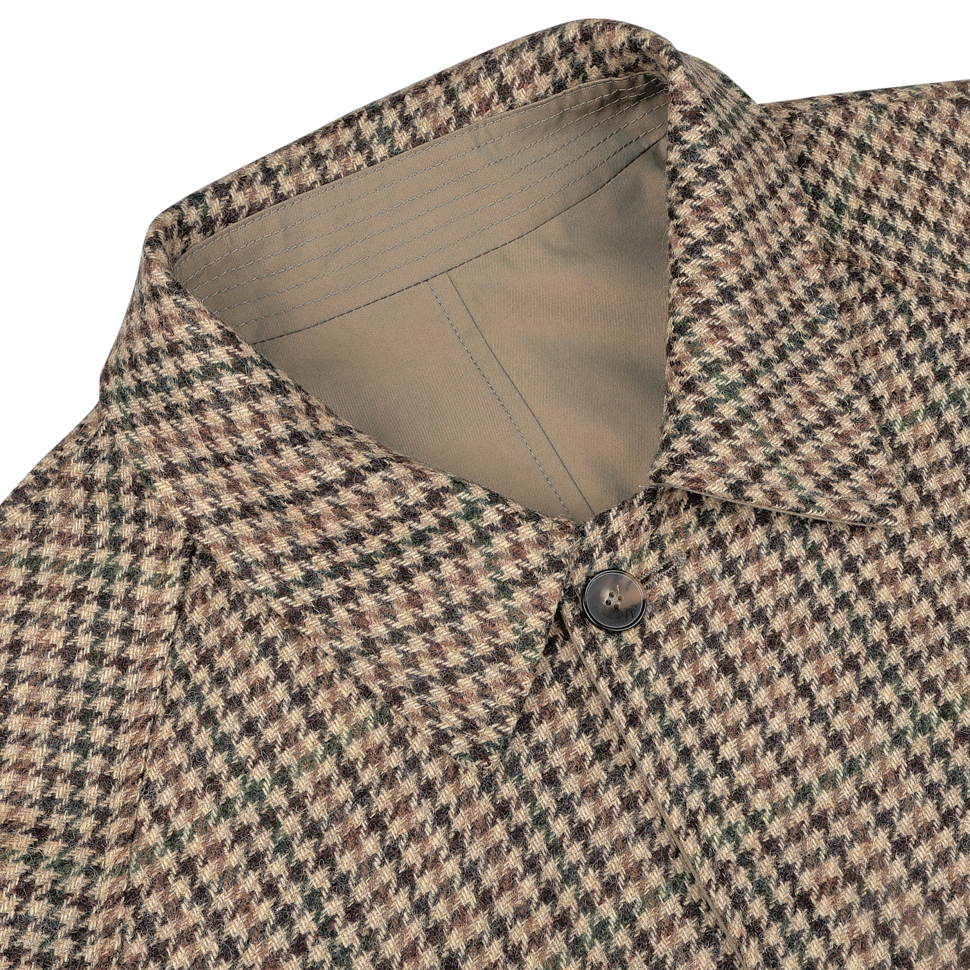 Close-up of the Beige Houndstooth Wool Tweed Reversible Coat by L'Impermeabile, highlighting its luxurious houndstooth-patterned collar with a single visible button and tan inner lining.