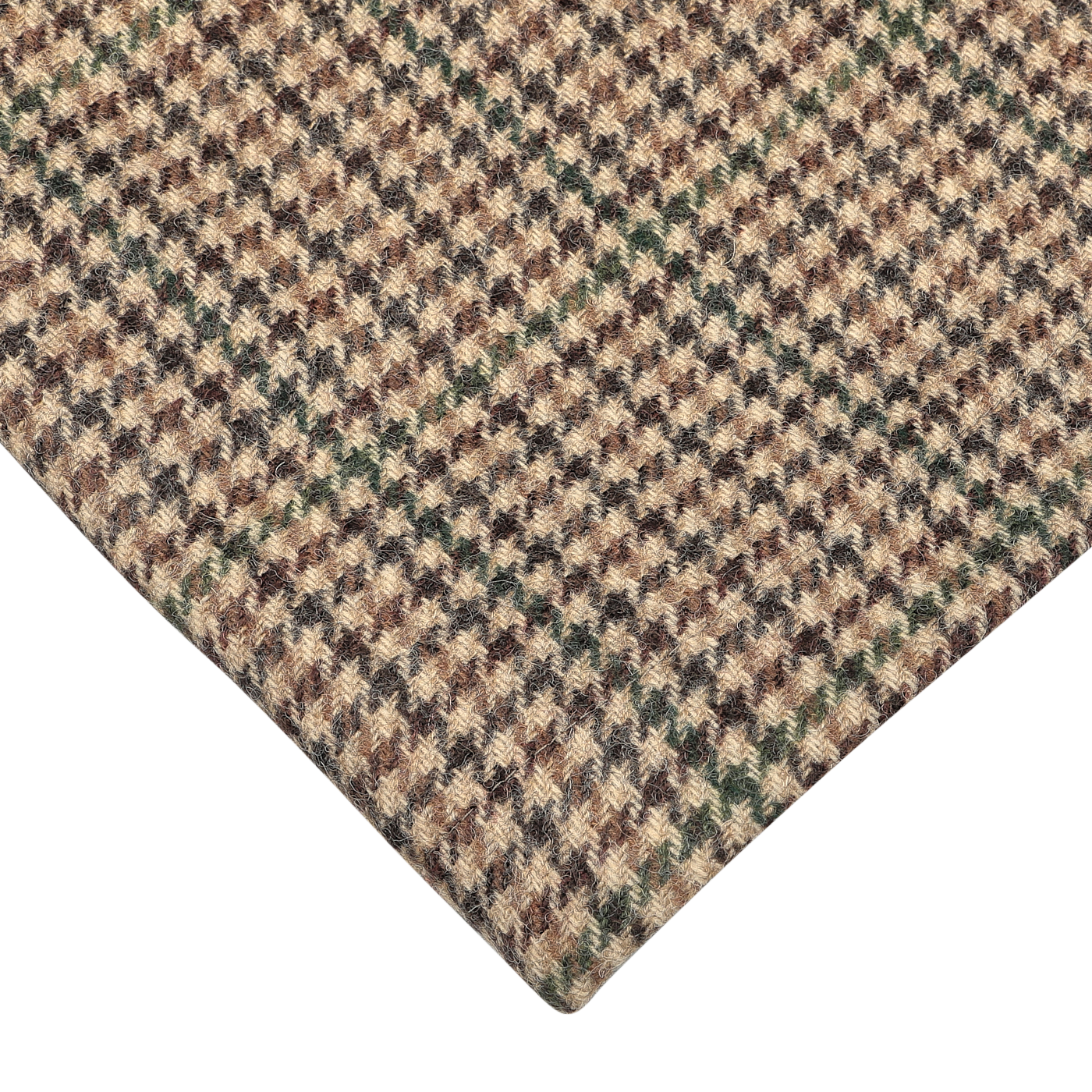 Close-up view of L'Impermeabile's Beige Houndstooth Wool Tweed Reversible Coat, showcasing its intricate houndstooth pattern in shades of brown, green, and beige—ideal for crafting a stylish reversible trenchcoat.