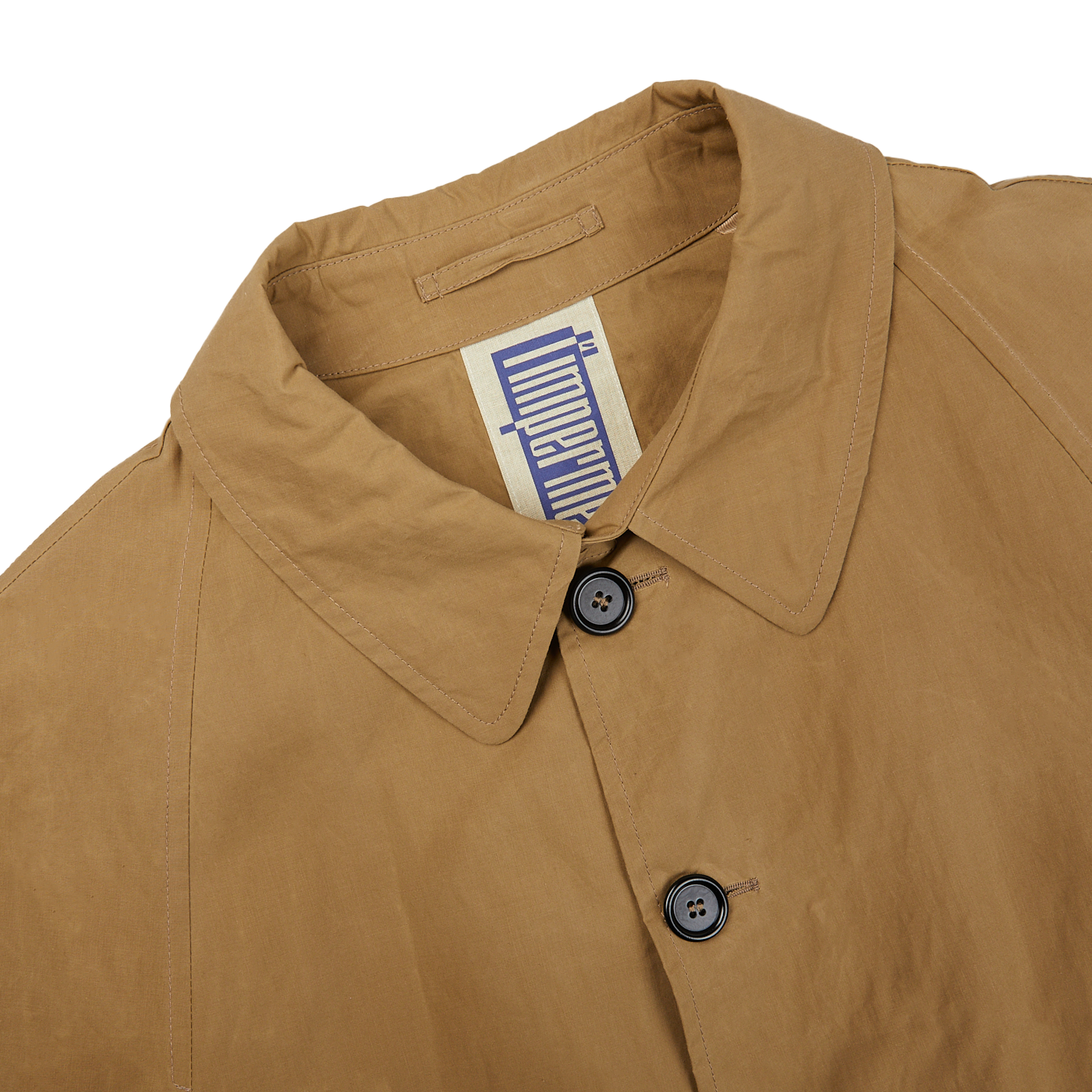 A Dark Beige Waxed Cotton Kamikaze Trenchcoat by L'Impermeabile on a white background.