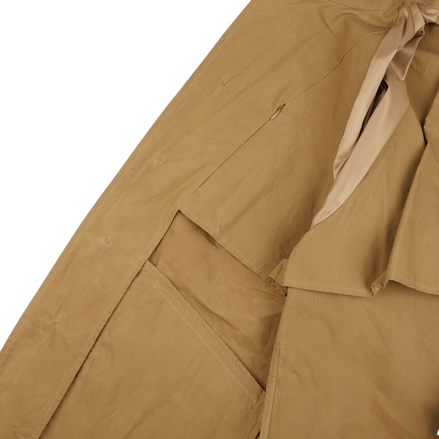 An image of a Dark Beige Waxed Cotton Kamikaze Trenchcoat by L'Impermeabile on a white surface.