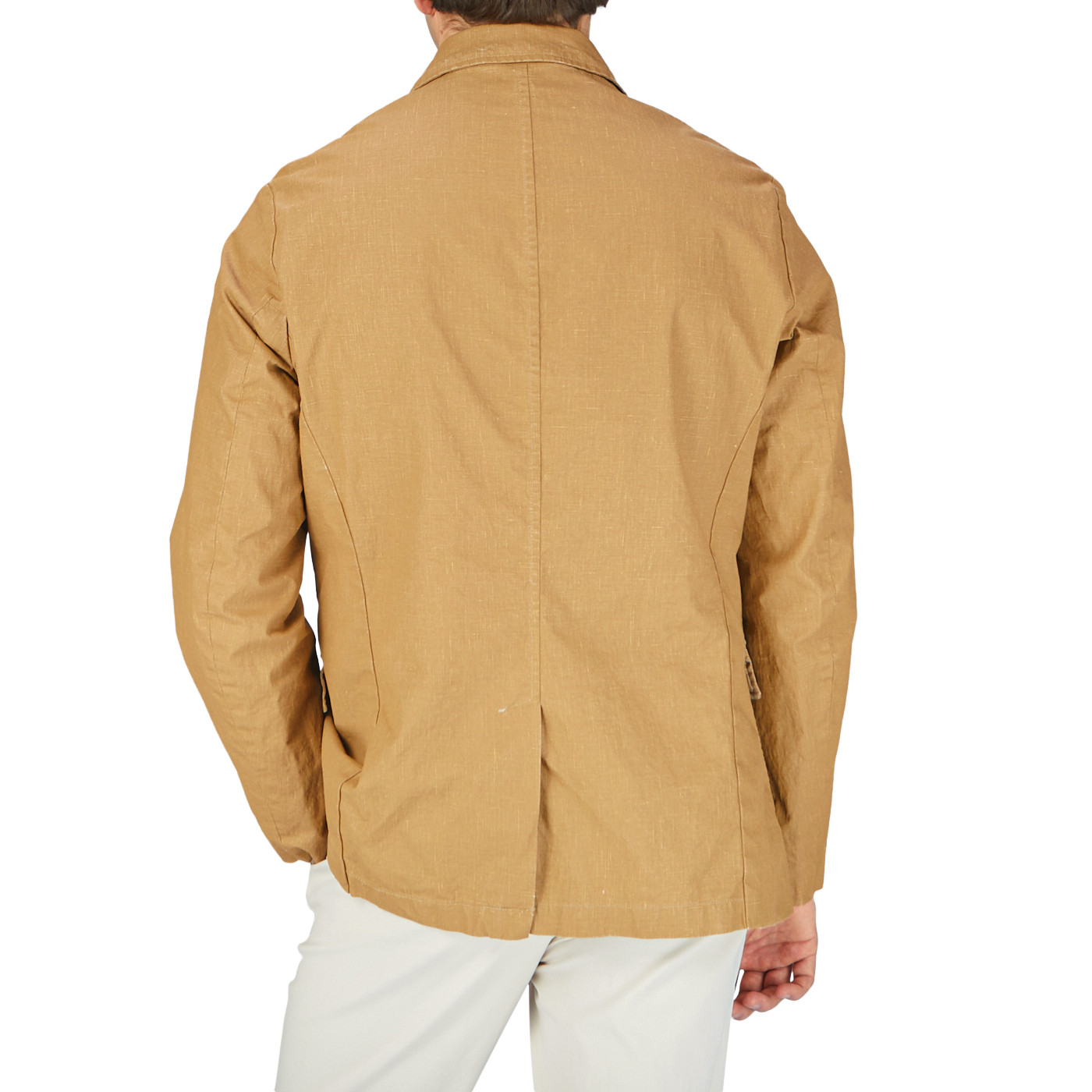 The back view of a man wearing a L'Impermeabile Camel Beige Waxed Linen College LL Jacket.