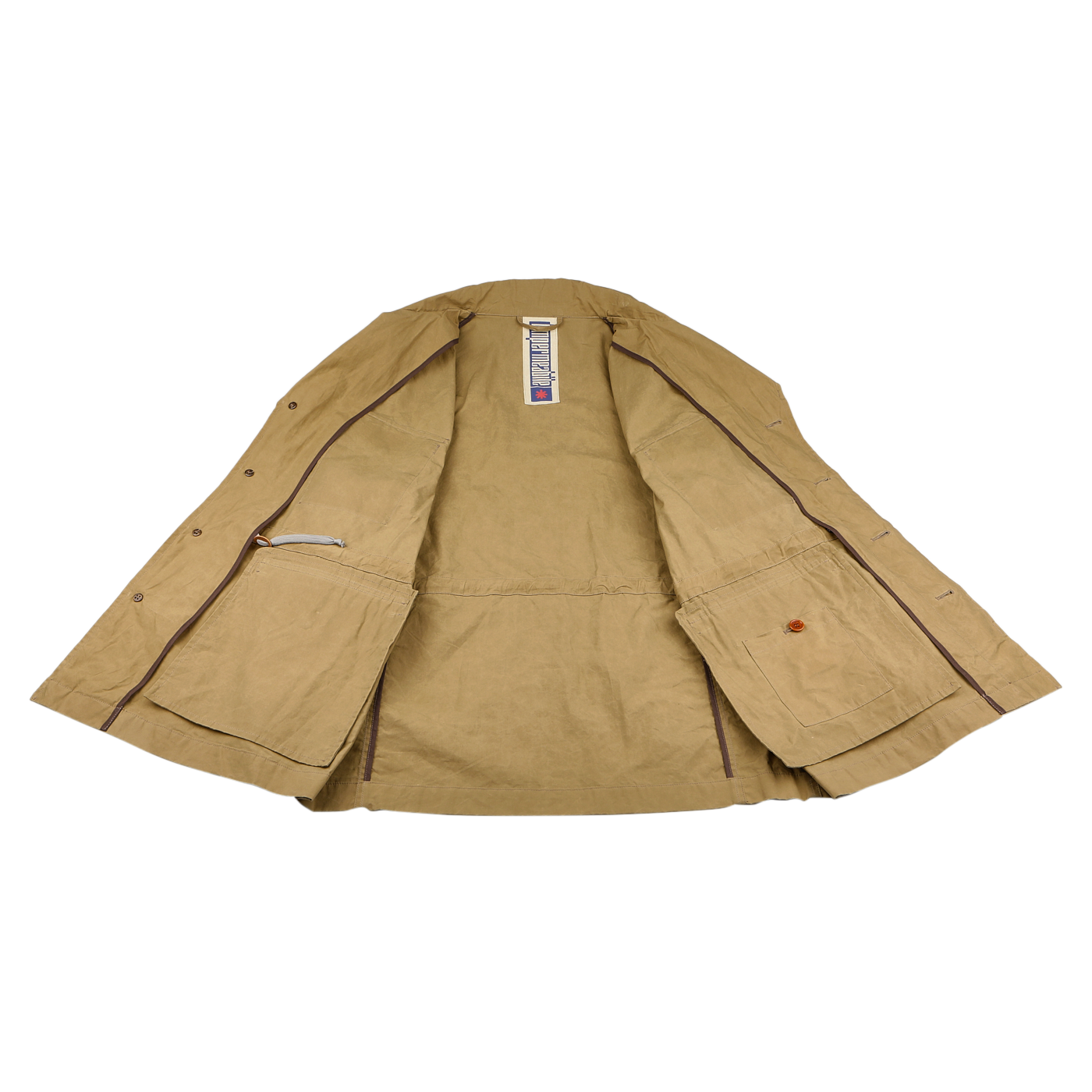 The Khaki Beige Waxed Cotton Smith SFO Jacket by L'Impermeabile is shown open, revealing a pocket-adorned interior lining and size label at the collar. Its Italian craftsmanship ensures impeccable style, and the water-repellent finish offers elegance and practicality.