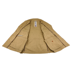 The Khaki Beige Waxed Cotton Smith SFO Jacket by L'Impermeabile is shown open, revealing a pocket-adorned interior lining and size label at the collar. Its Italian craftsmanship ensures impeccable style, and the water-repellent finish offers elegance and practicality.