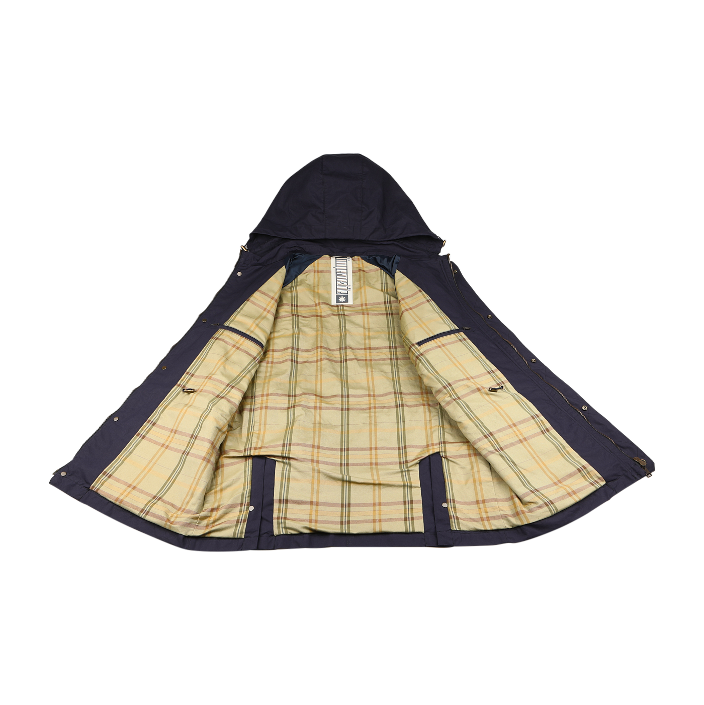 Discover the Navy Blue Waxed Cotton Bob Short Parka by L'Impermeabile. This stylish parka boasts a plaid interior, offering a classic look. Its water-repellent properties make it both fashionable and functional against the elements.