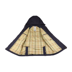 Discover the Navy Blue Waxed Cotton Bob Short Parka by L'Impermeabile. This stylish parka boasts a plaid interior, offering a classic look. Its water-repellent properties make it both fashionable and functional against the elements.