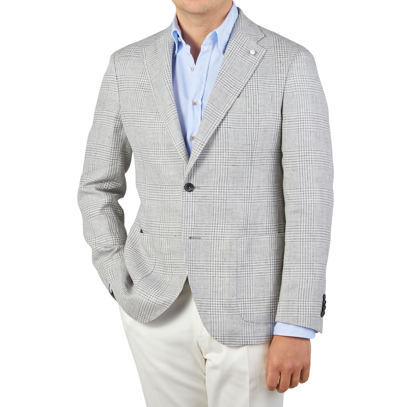 Luigi Bianchi Light Grey Checked Linen Wool Blazer Front