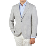 Luigi Bianchi Light Grey Checked Linen Wool Blazer Front