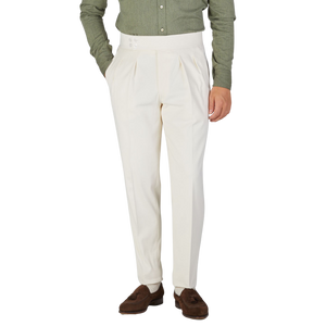 Luigi Bianchi Off-White Cotton Twill Pleated Trousers Front