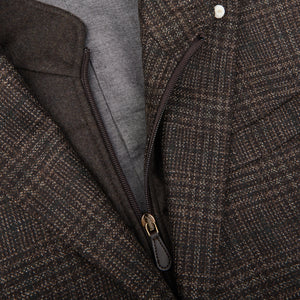 A close up of a Luigi Bianchi Brown Black Checked Wool Hybrid Blazer with tailoring.