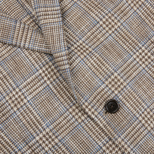A close up image of a Luigi Bianchi Brown Checked Wool Cotton Linen Blazer.