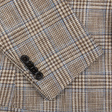 A close up of a Luigi Bianchi Italian brown-blue checked blazer.