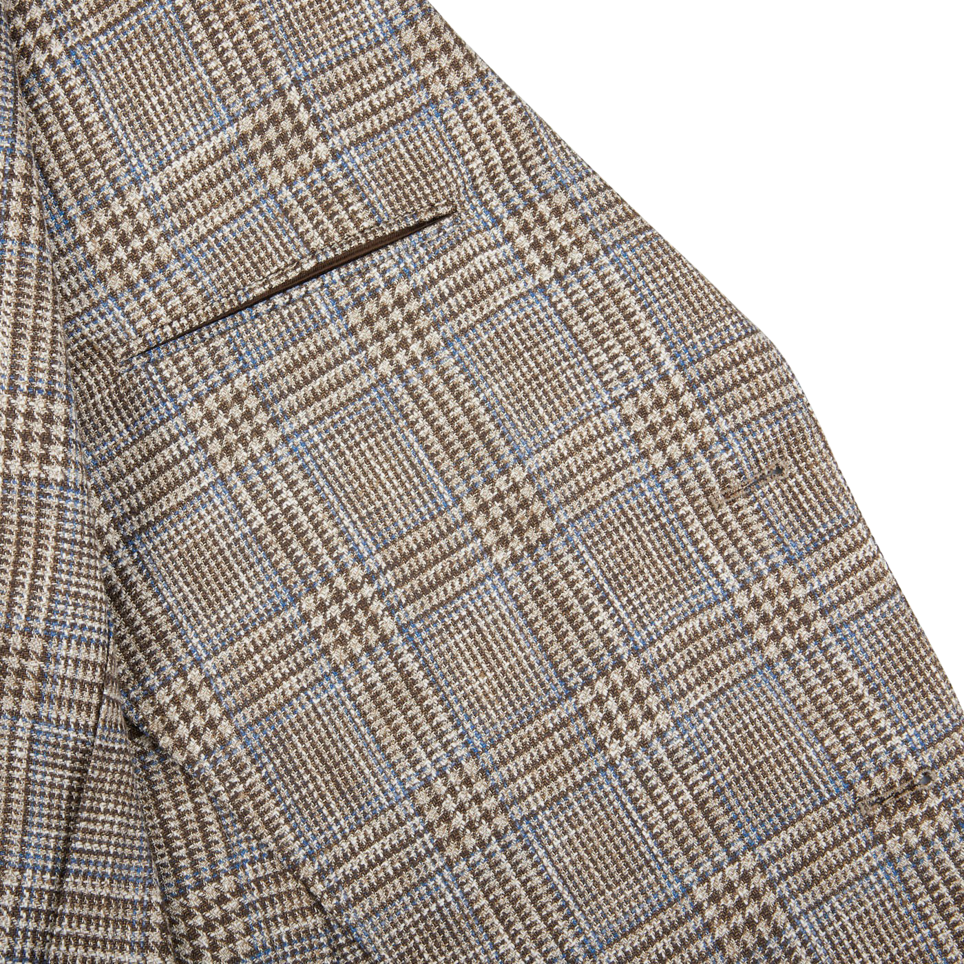 A close up of a Luigi Bianchi Brown Checked Wool Cotton Linen Blazer.