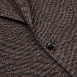 A close up image of a Brown Melange Cotton Linen Jersey Blazer by Luigi Bianchi.