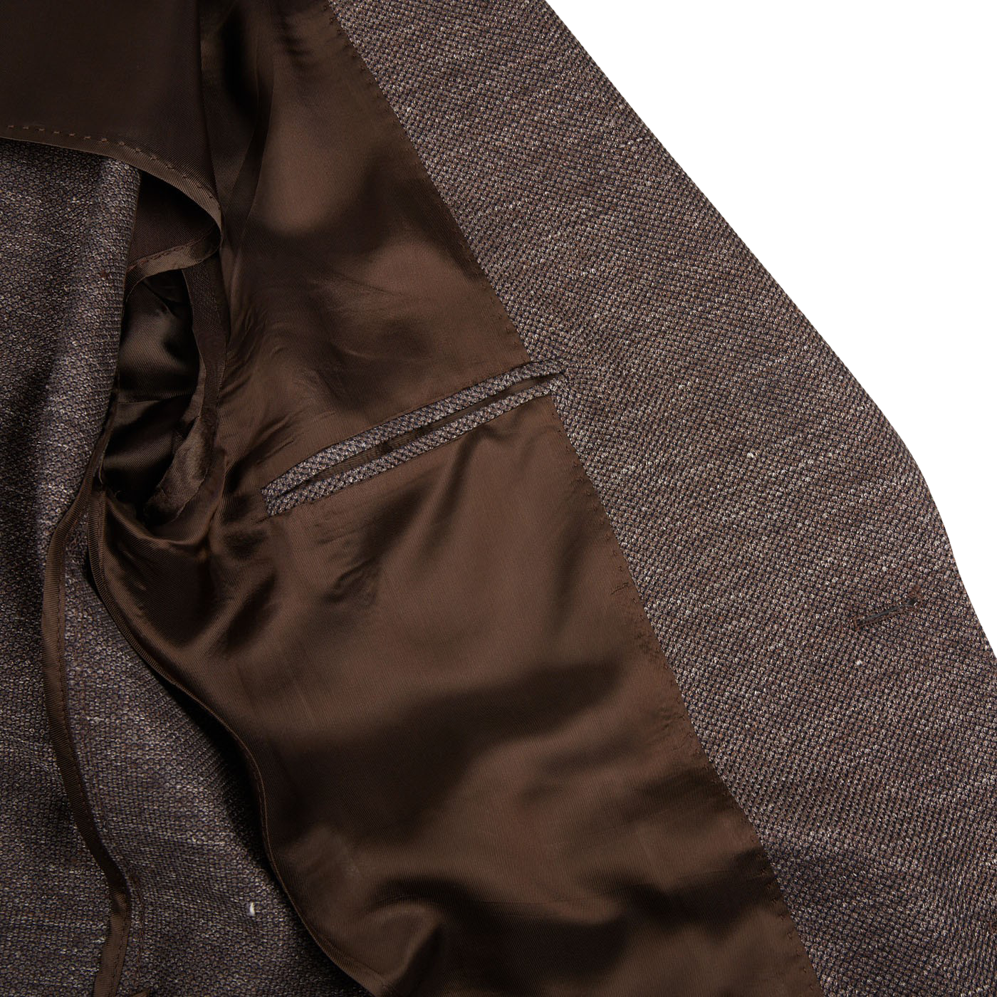 A close up of a Luigi Bianchi Brown Melange Cotton Linen Jersey Blazer.