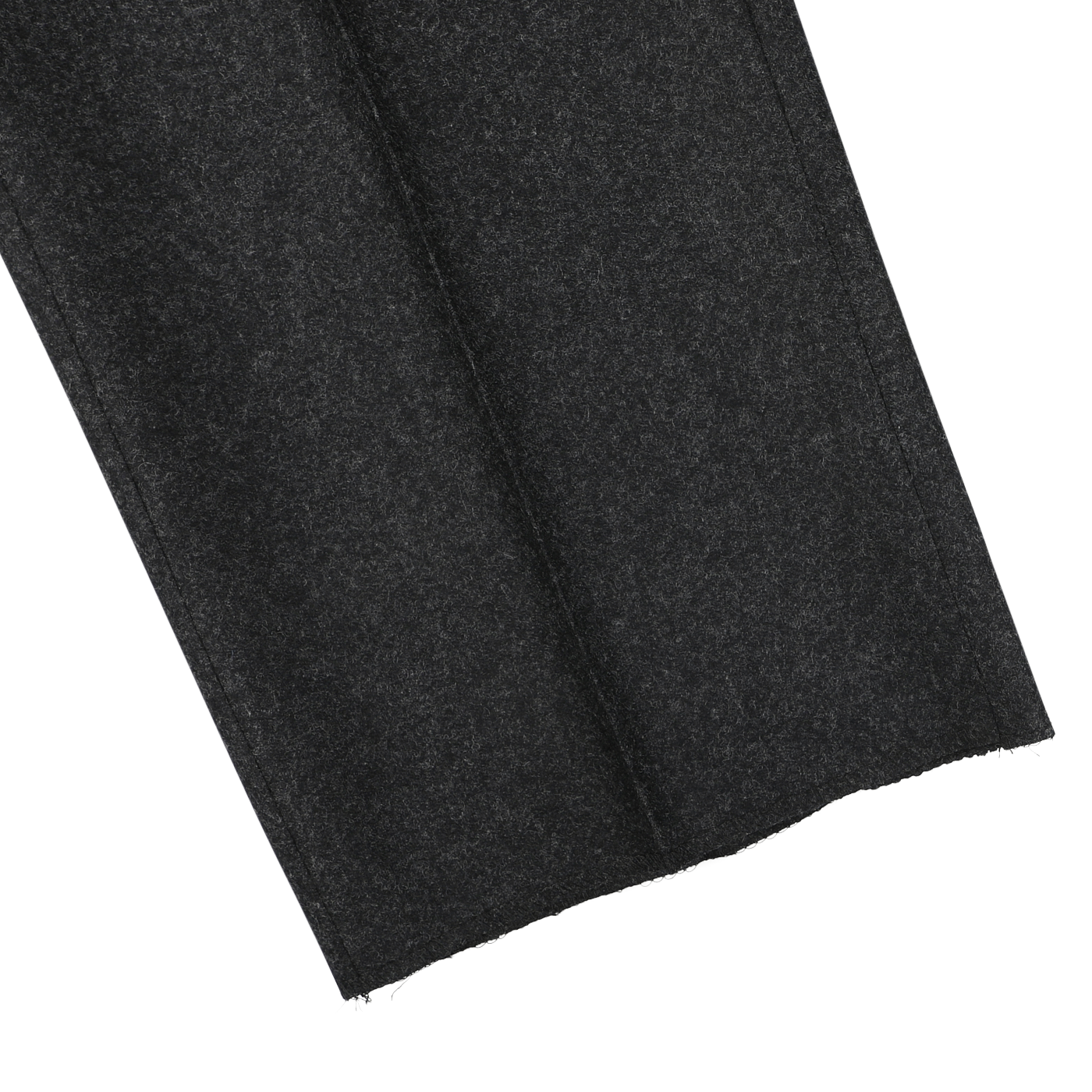 Close-up of the bottom part of Luigi Bianchi's Charcoal Grey Wool Flannel Flat Front Trousers, featuring a raw, unfinished hem.