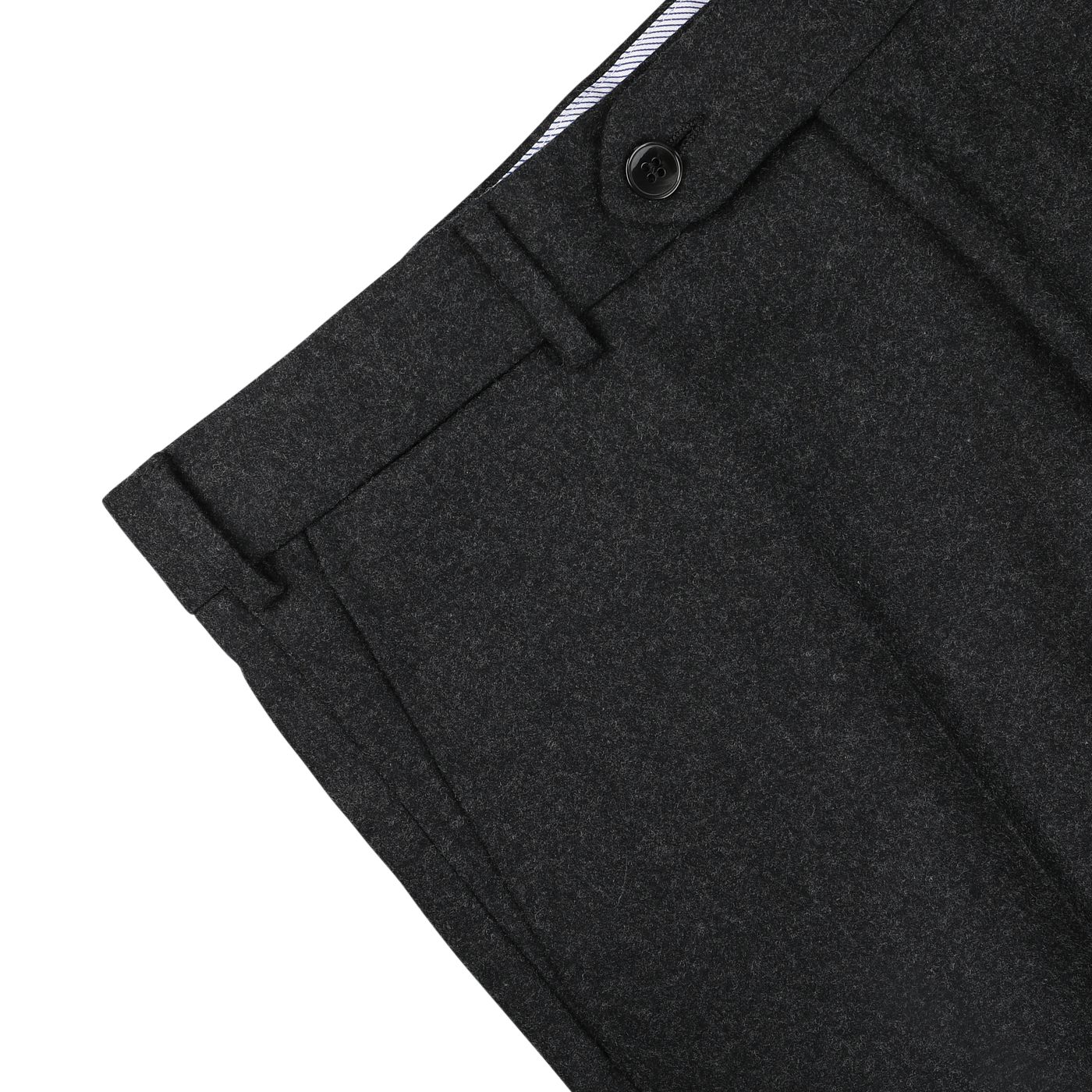 Close-up of the top section of a pair of charcoal grey trousers with a black button, visible belt loops, and a section of the waistband lining. These Luigi Bianchi Charcoal Grey Wool Flannel Flat Front Trousers exemplify sophistication and quality craftsmanship.