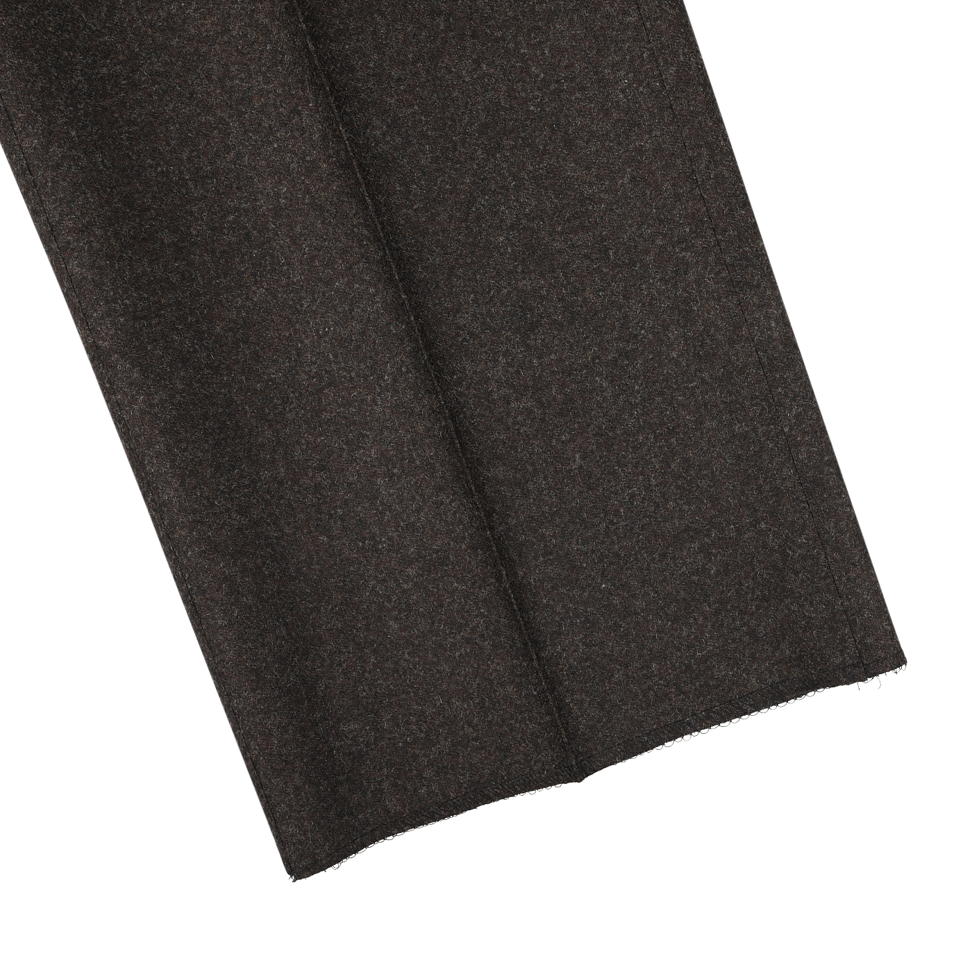 Close-up of the hem of a pair of Luigi Bianchi Dark Brown Wool Flannel Flat Front Trousers, showcasing the material's texture and stitching details.