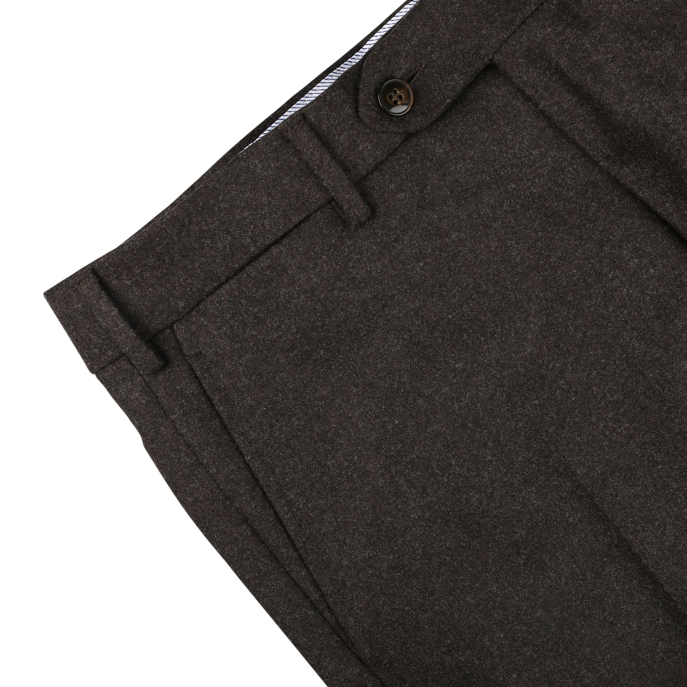 Close-up image of a pair of Dark Brown Wool Flannel Flat Front Trousers by Luigi Bianchi, showing the waistband, belt loops, button, and part of a pocket.