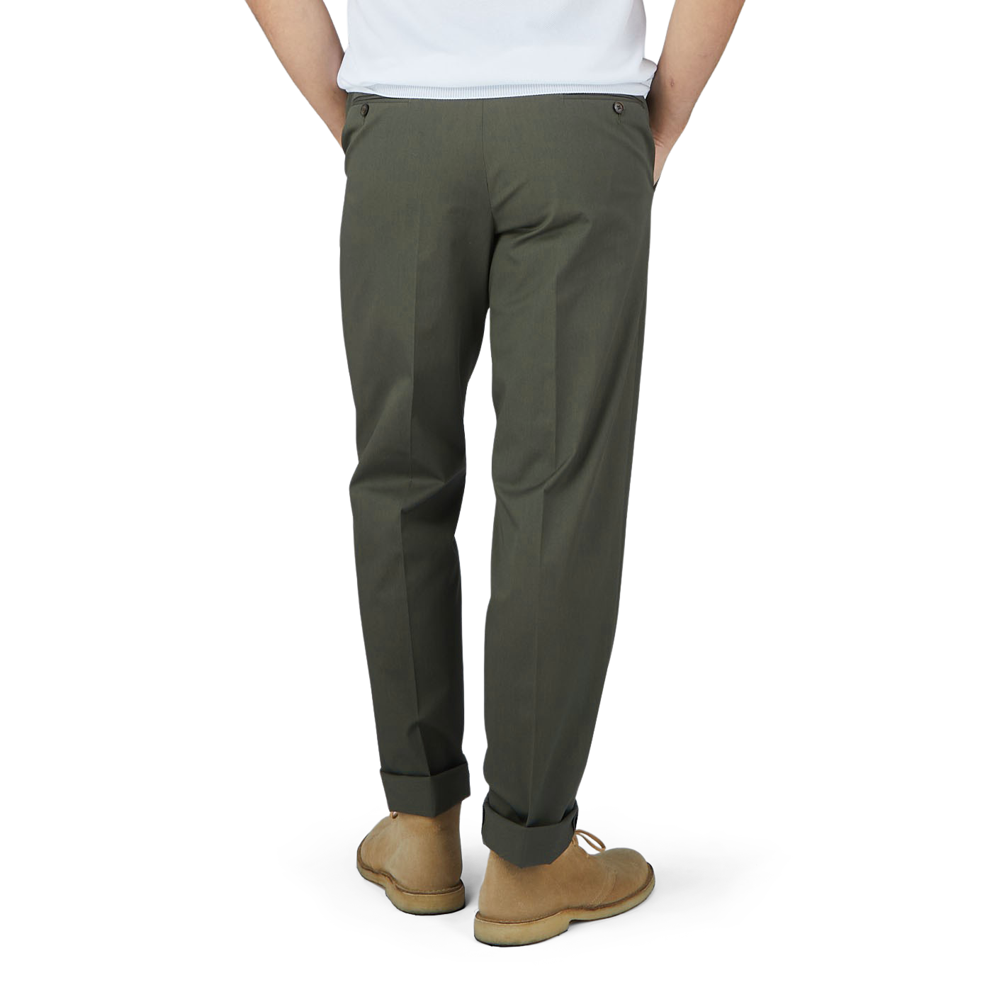 A man in Luigi Bianchi dark green cotton twill flat front trousers, viewed from behind.